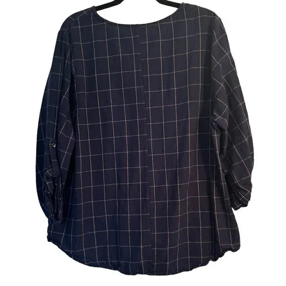 She + Sky 100% Cotton Navy Blue Top w/tie front & button sleeves Womens size XL - Picture 2 of 6